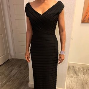 Xscape off shoulder pleated evening gown